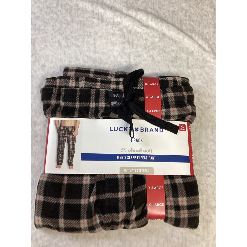 Lucky Brand Mens Cloud‎ Soft Sleep Fleece Pant XL Black Red Plaid Pajama Bottoms